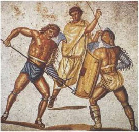 Retiarius proti Secutorovi na dobové malbě.