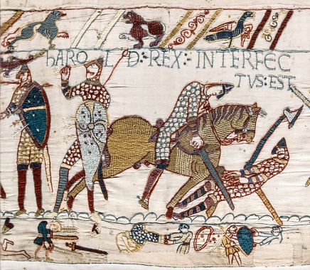 Smrt krále Haralda - výřez z dobové tapisérie z Bayeux.